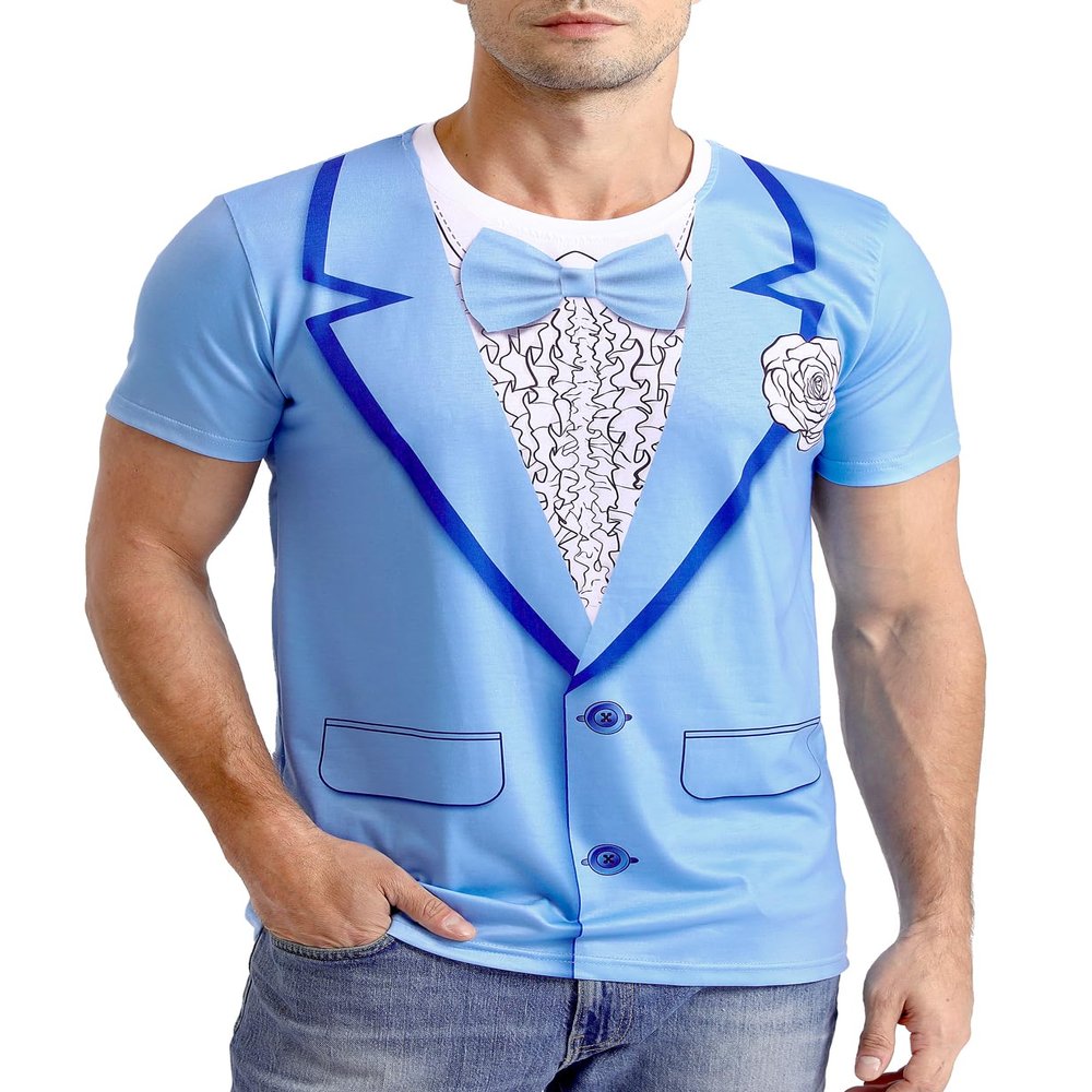 Funny World Blue Tuxedo Shirts for Men Dumb Costume Suit Harry Tux T-Shirt, Medium, Blue