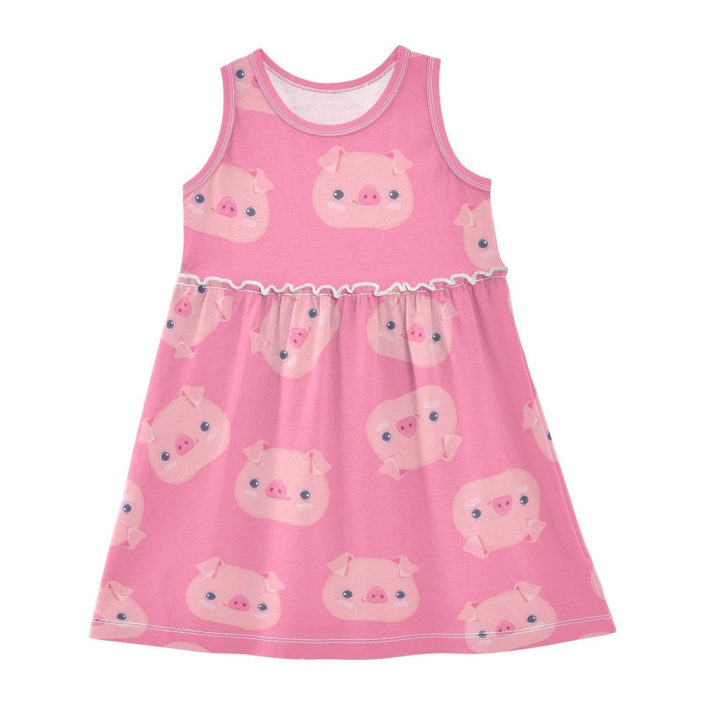 Aflyko Sleeveless Dress Pink Cartoon Pig Funny Summer Party Dance Sundress for Little Girl Stretchy Dresses Beach Holiday Vacation Daily Casual Fun Dress 7-8T