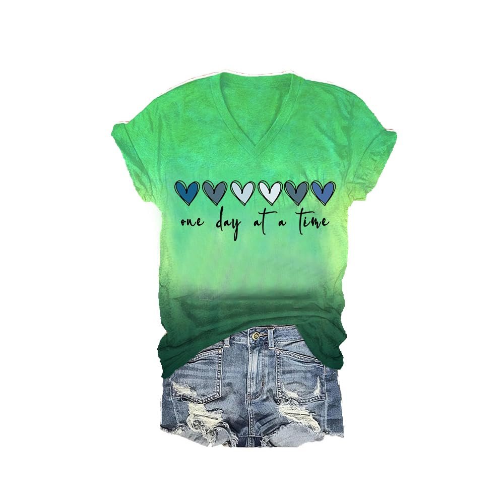 NineFit Basics One Day at A Time V Neck Tee One Day at A Time Shirts for Women Mental Health Shirt Tie Dye Casual Tee Graphic Shirt Forest, 5X-Large