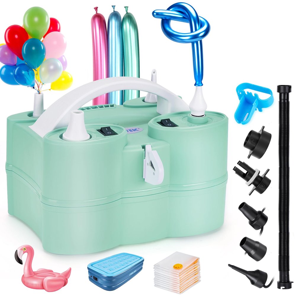 AGPtEK 3-in-1 Air Pump for Inflatables and Balloon Electric Air Balloon Pump 600W for Latex 260Q Foil Balloons with Hose Extension Quick-Fill Inflator Deflator for Air Mattress, Compression Bag(Green)