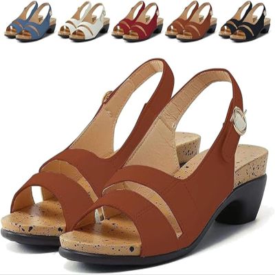 0XBIT Grishay Sandals Womens, Women's Thick-Soled Buckle Wedge Sandals, Elegant Low Chunky Heel Comfy Sandals (Brown,9)