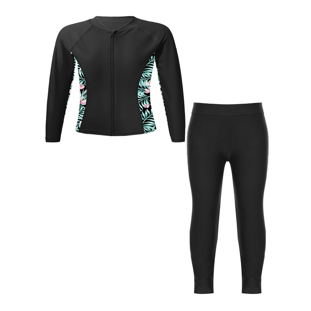 iiniim Girls Long Sleeve Rash Guard Swimsuit UPF 50+ Sunsuit Kids Rash Tops Shirts with Swim Legging Pants Black 16 Years