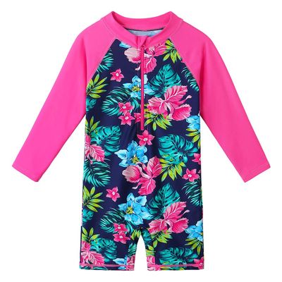 Girls Long Sleeve Rashguard One Piece Swimsuits UPF50+ Sun Protective Flower Zipper Swimwear S337_NavyFlower_92/98