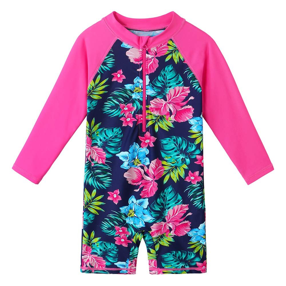 Girls Long Sleeve Rashguard One Piece Swimsuits UPF50+ Sun Protective Flower Zipper Swimwear S337_NavyFlower_92/98