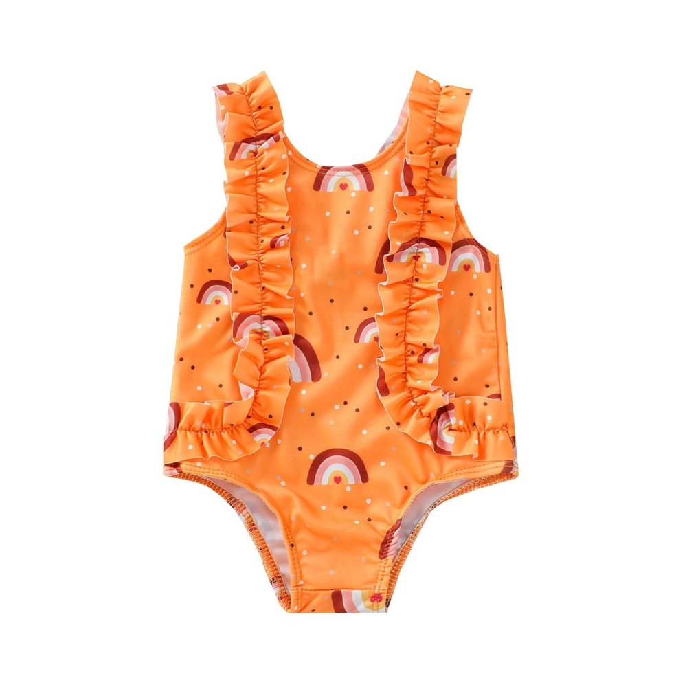 Infant Rainbow Wear Printed Summer Girls Baby Beach Bathing Swimwear Ruffles Sleeveless Swimsuit (Yellow, 0-6 Months)