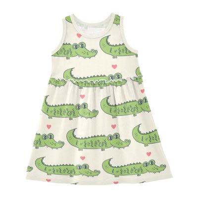 Aflyko Girls Dresses Cartoon Alligator Heart Summer Sleeveless Dress Casual Fit Toddler Playwear Infant Lovely Everyday Wear Themed Birthday Party Dress 3T