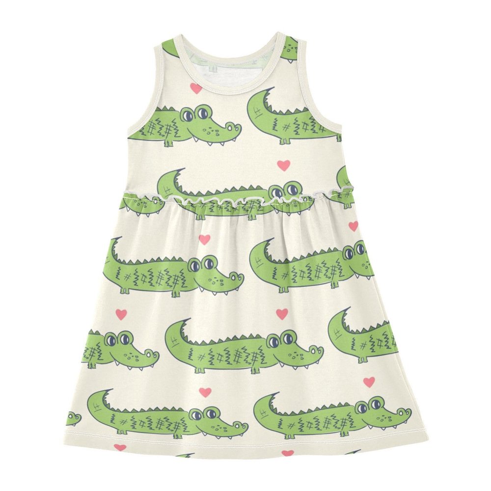 Aflyko Girls Dresses Cartoon Alligator Heart Summer Sleeveless Dress Casual Fit Toddler Playwear Infant Lovely Everyday Wear Themed Birthday Party Dress 3T
