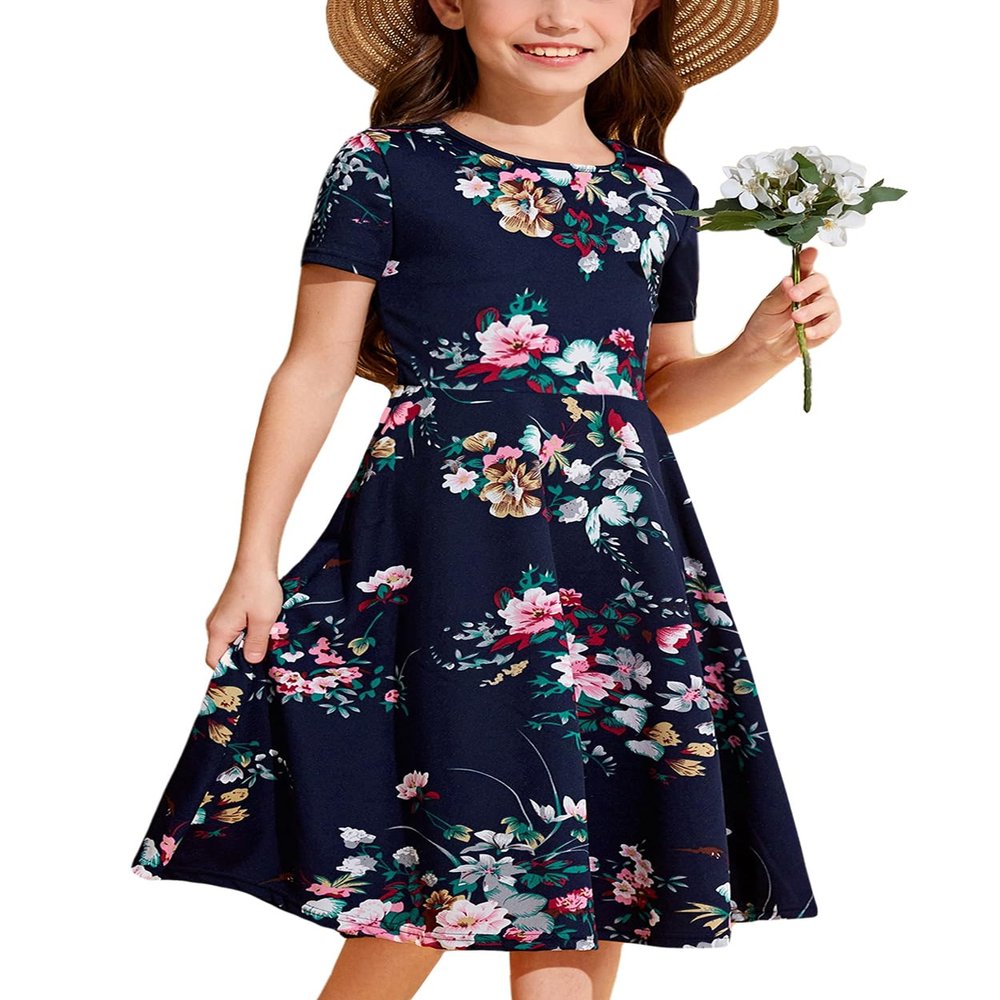 21KIDS Girls Floral Dress Kids Boho Short Sleeve Pleated Casual Dress with Pockets for Girls, Dark Blue3, 8 Years