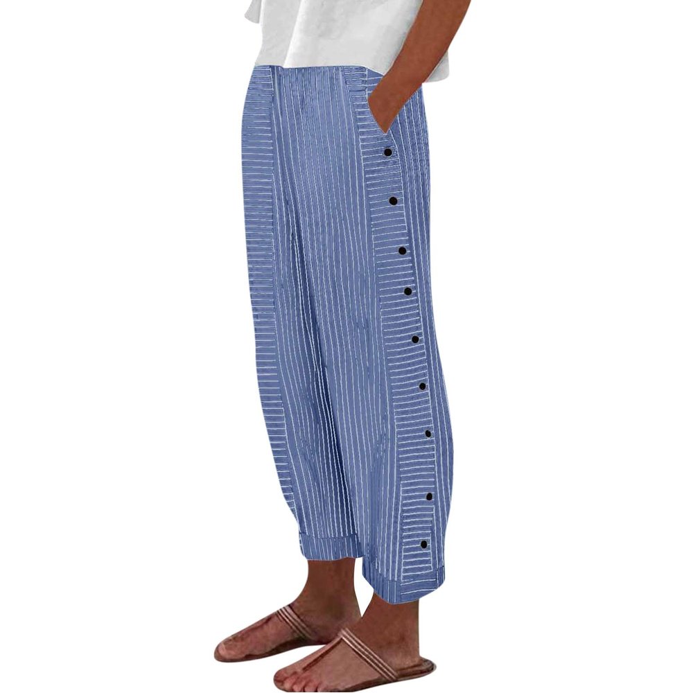 Cropped Pants for Women Petite Women's Summer Casual Linen Pants Elastic Waist Loose Fit Straight Leg Crop Pants Beach Trousers with Pockets Royal Blue Womens Sweatpants Petite Tall