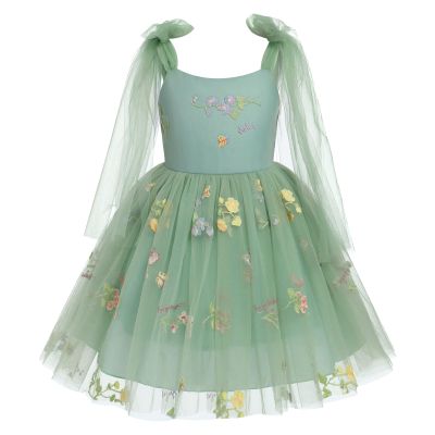 Baby Girls Birthday Party Dress Sleeveless Bowknot Spaghetti Straps Floral Embroidered Tulle Tutu Baby Flower Girl Dress Toddler Kids Formal Party Princess Dress Green 2-3Y