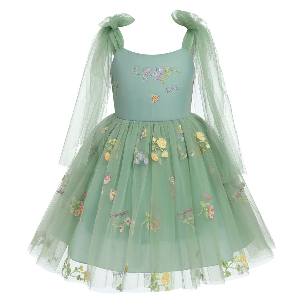 Baby Girls Birthday Party Dress Sleeveless Bowknot Spaghetti Straps Floral Embroidered Tulle Tutu Baby Flower Girl Dress Toddler Kids Formal Party Princess Dress Green 2-3Y