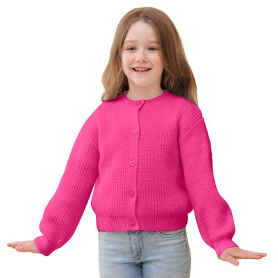 Girls' Cardigan with Button Loose Long Sleeve Shrug Sweaters Cropped Uniforms Kids Knit Sweater Outerwear Hot Pink 5-6 Years