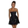 AIBEARTY Women's Sexy Glitter Off Shoulder Mini Dress Shiny Strapless Pleated A Line Dress for Party Club Black view 2