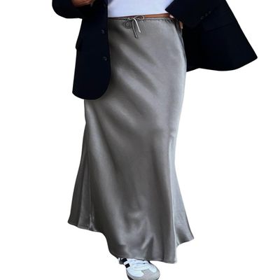 ebossy Women's Elegant Satin Silk Maxi Skirt Drawstring High Waisted A-line Cocktail Party Long Skirt (L, Grey)
