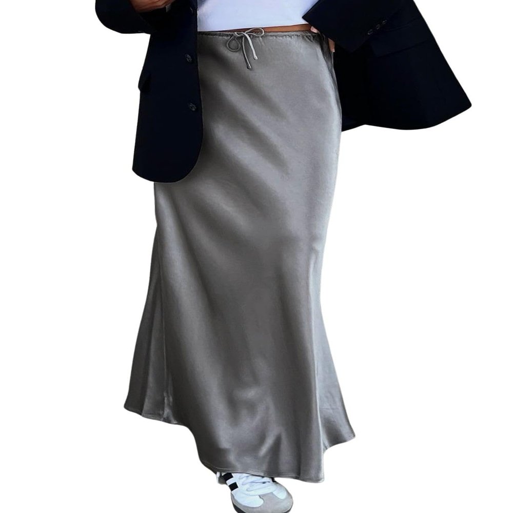 ebossy Women's Elegant Satin Silk Maxi Skirt Drawstring High Waisted A-line Cocktail Party Long Skirt (L, Grey)