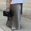 ebossy Women's Elegant Satin Silk Maxi Skirt Drawstring High Waisted A-line Cocktail Party Long Skirt (L, Grey) view 2