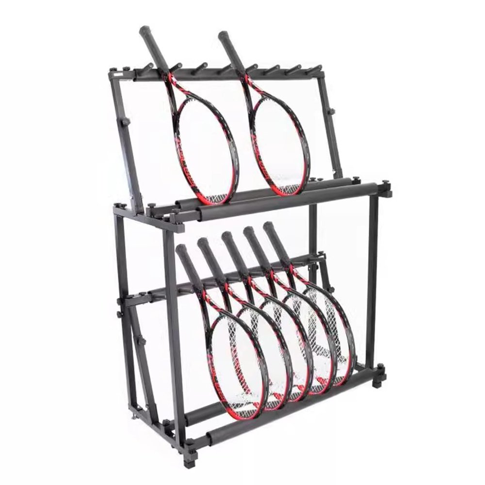 2 Tier Tennis Racquet Storage Rack, Large Capacity Tennis Racket Organizer Stand for 14 Rackets, Space Saving Badminton Racket Floor Rack
