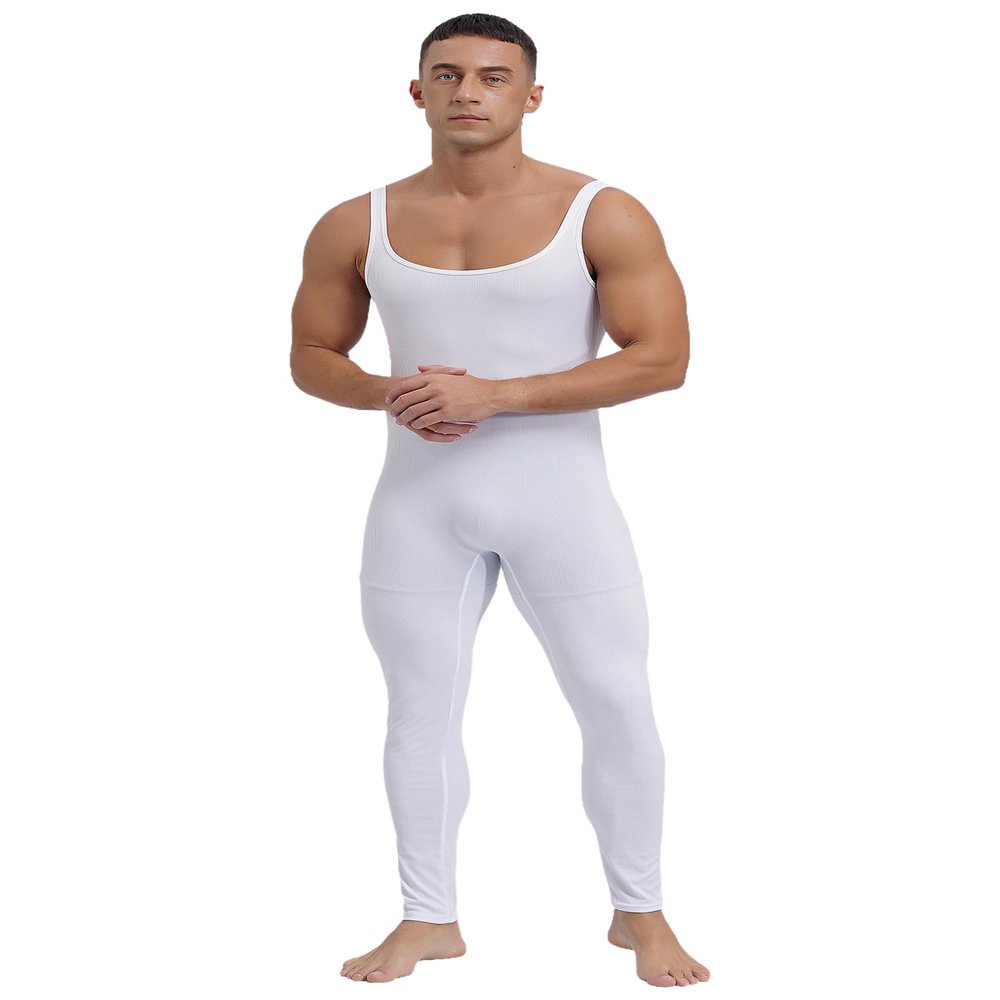Oyolan Mens Spandex Bodysuit Sleeveless Unitard Dance Leotard Bodysuit for Workout Fitness White X-Large