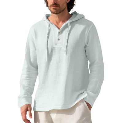 Mens Cotton Linen Hoodies Long Sleeve V Neck Button Down Hooded Shirt Sun Protection Lightweight Beach Shirt, Polo Shirt for Men T Shirts Mens Golf Shirts Hawaiian Shirt(Mint Green,3X-Large)