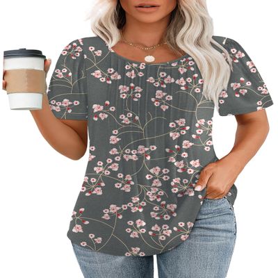 Blouses for Women Dressy Casual Summer Outfits Short Sleeve Tops Fashion Pleated Cute T Shirts Floral Dark Grey S