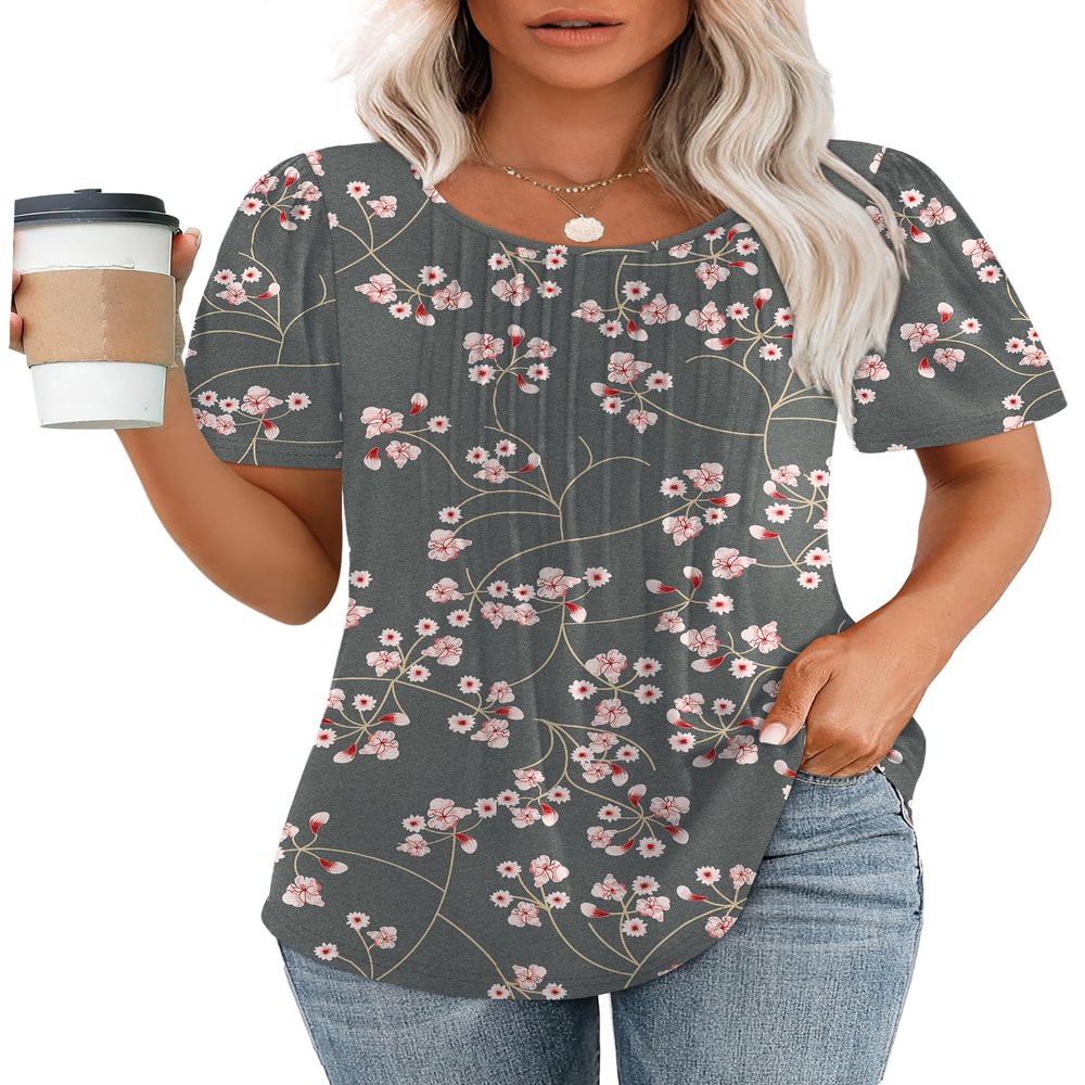 Blouses for Women Dressy Casual Summer Outfits Short Sleeve Tops Fashion Pleated Cute T Shirts Floral Dark Grey S