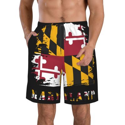 NineFit Basics Men's Beach Shorts, Vintage Maryland Marylander Flag Shorts Elastic Waist Drawstring Lightweight Summer Casual Shorts with Pocket, Medium