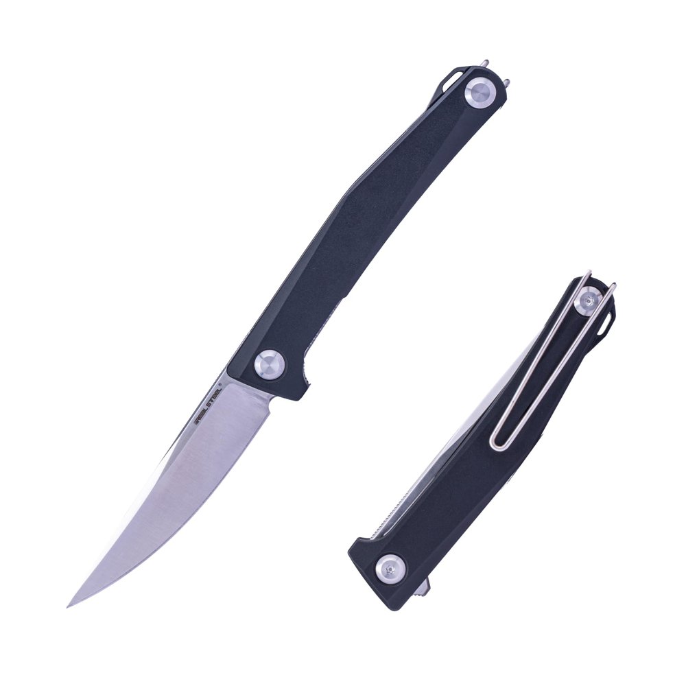 Real Steel Teres Lightweight EDC Flipper knife , 3.11'' Nitro-V Satin Hollow-Ground Blade,Aluminum Handle,Liner Lock Knife Gentleman's Knife with Pocket Clip,Hunting, Camping, Hiking, Fishing Knife, Gifts for Men Dad (Black/Satin)
