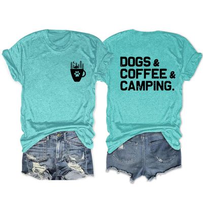 Women's Dogs Coffee Camping Shirt Trendy Graphic Tee Short Sleeve Casual Summer Blouses Top Vacation T-Shirt