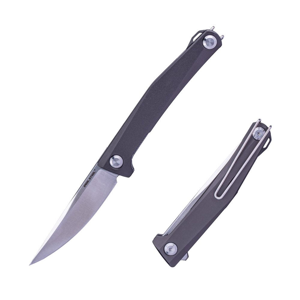 Real Steel Teres lightweight EDC Flipper Knife, 3.11'' Nitro-V Satin Hollow-Ground Blade,Aluminum Handle,Liner Lock Knife Gentleman's Knife with Pocket Clip,Hunting Camping Hiking Fishing Knife, Gifts for Men Dad (Grey/Satin)