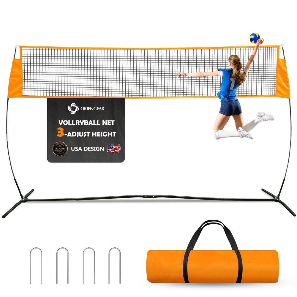 ORIENGEAR Volleyball Net for Backyard, Volleyball Net Outdoor, Freestanding Volleyball Practice Net, 12ft Three Level Adjustable, Heavy-Duty Oxford Cloth with Steel Base