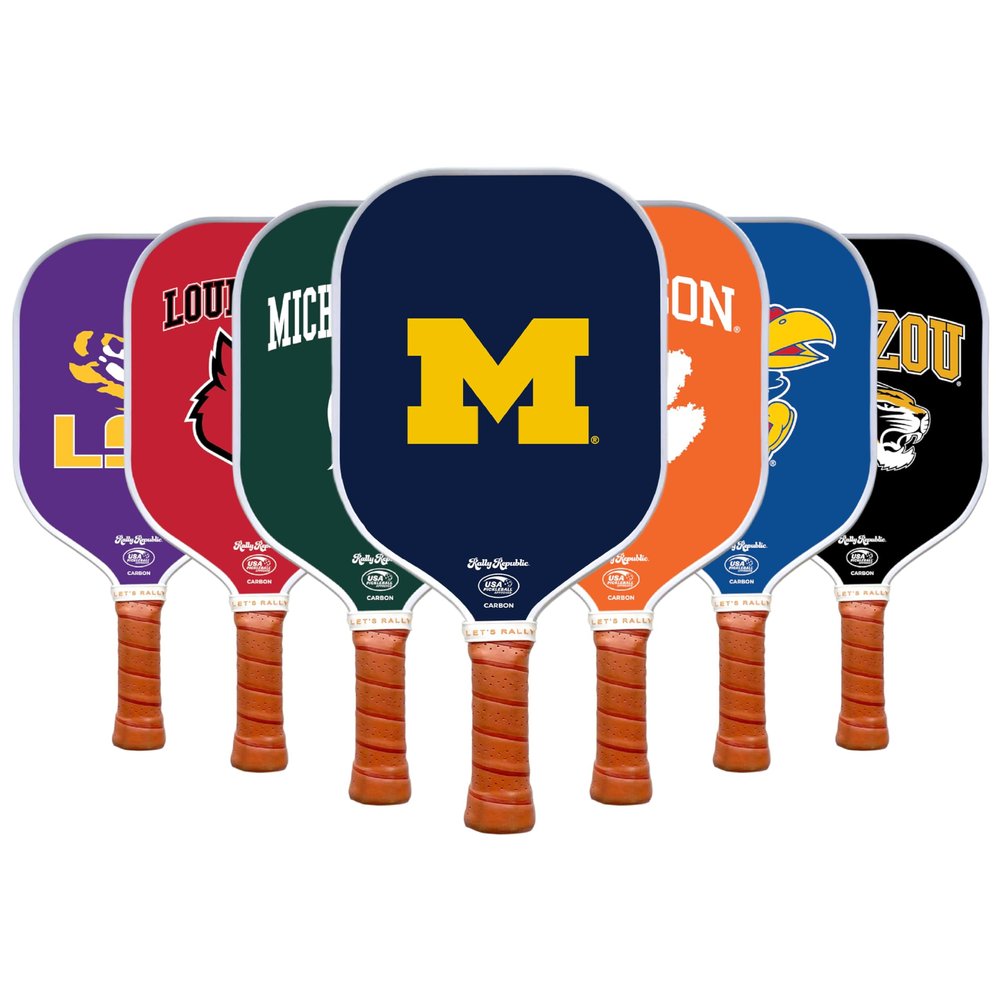 Rally Republic Officially Licensed Collegiate Pickleball Paddle - USA Pickleball Association Approved Racket - Lightweight Honeycomb Core, Carbon Fiber Exterior, Premium Leather Grip for Comfort