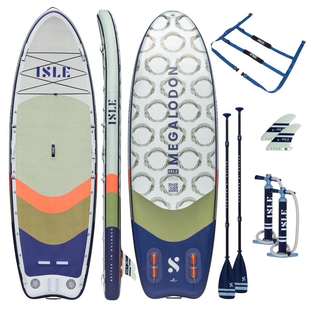 ISLE Megalodon Inflatable Stand Up Paddle Board & iSUP Bundle Accessory Pack - Durable, Lightweight, Stable 12' L x 45" W x 8" (Seafoam/Coral/Navy, 12')