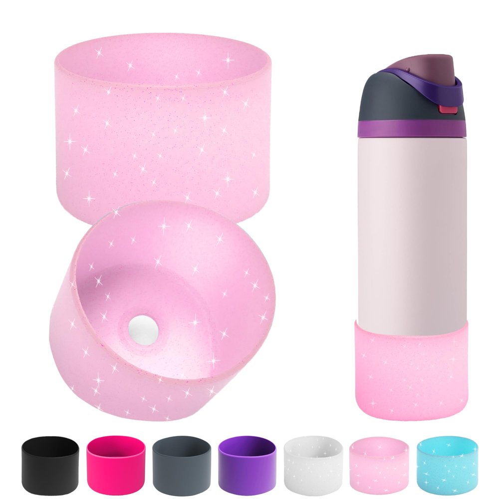 2PCS Silicone Water Bottle Boot for Owala 14/16oz 24oz 32oz 40oz,Anti-Slip Protective Sleeve Bottom Bumper Protector for FreeSip, Twist, and Flip Water Bottles (Clear Glitter Pink, 24oz)