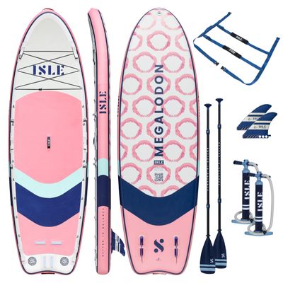 ISLE Megalodon Inflatable Stand Up Paddle Board & iSUP Bundle Accessory Pack - Durable, Lightweight, Stable 12' L x 45" W x 8" (Flamingo/Teal/Navy, 12')