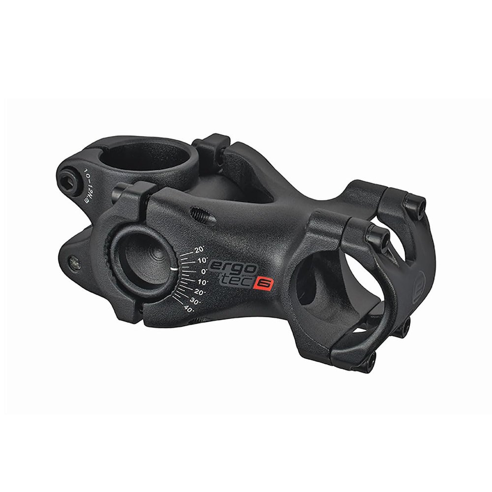 ergotec Swell RE Stem, 31.8mm Clamp, 28.6mm Fork Clamp, 45mm Clamp Height, 80mm Extension, -20 - +40 Angle, -25/0/40 Actual Height Gain, 70/80/65 Actual Length Gain, Safety Level 6