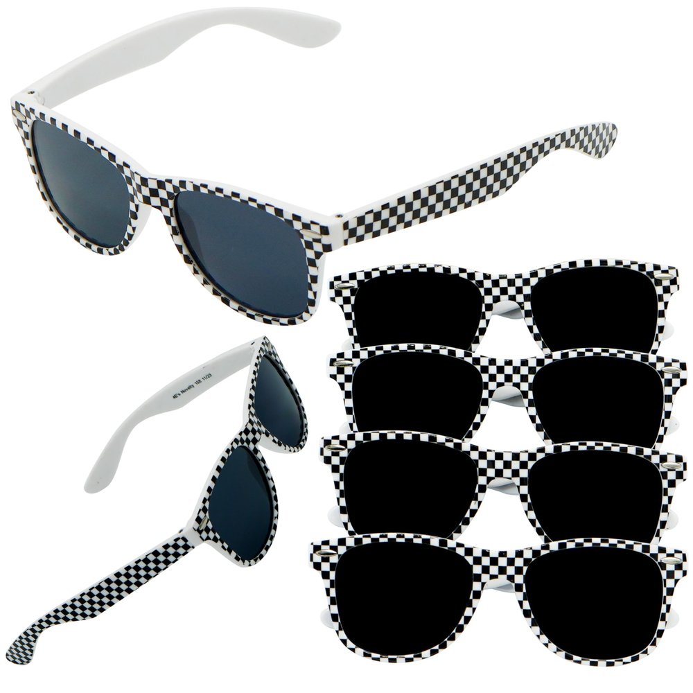4E's Novelty 6 Race Car Checkered Sunglasses for Kids Bulk 6 Pack with UV400 Protection, Racecar Party Favor Supplies, Summer Pool Beach Accessories, Racing Theme Birthday Gifts