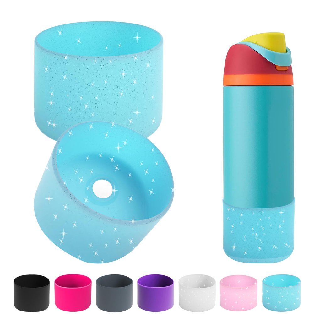 2PCS Silicone Water Bottle Boot for Owala 14/16oz 24oz 32oz 40oz,Anti-Slip Protective Sleeve Bottom Bumper Protector for FreeSip, Twist, and Flip Water Bottles (Clear Glitter Blue, 24oz)