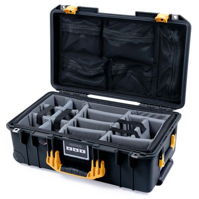 Black Pelican Air 1535 Carry-on Case - With Grey Padded Dividers & Mesh Lid Organizer - Yellow Handles & Latches.