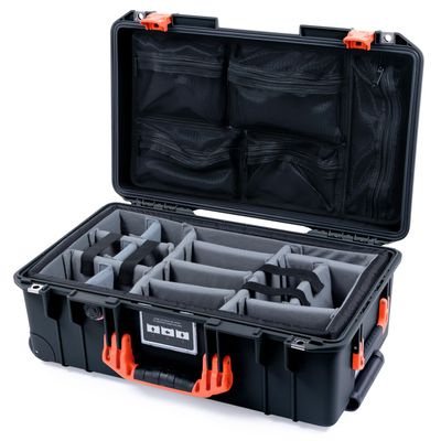 Black Pelican Air 1535 Carry-on Case - With Grey Padded Dividers & Mesh Lid Organizer - Orange Handles & Latches.