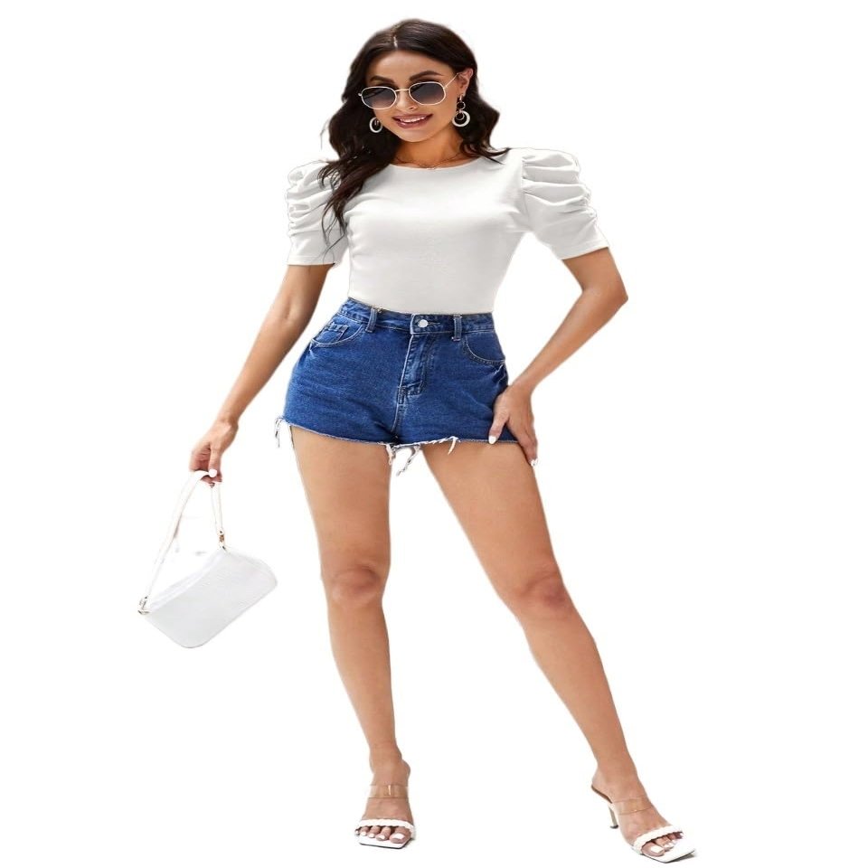 ELDINA Women's 2024 Summer Short Sleeve T-Shirt White Round Neck Short Puff Sleeve T-Shirt, Medium