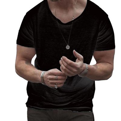 Gsywaipei Men Round Neck Thin Shirts Loose Solid Muscle Classic T-Shirt Crewneck Cotton Male Short Sleeved (Medium,Black)