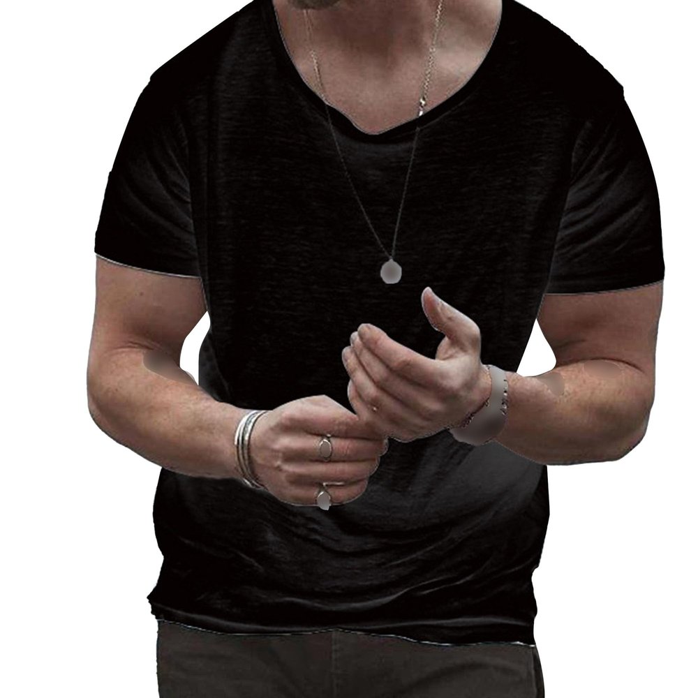 Gsywaipei Men Round Neck Thin Shirts Loose Solid Muscle Classic T-Shirt Crewneck Cotton Male Short Sleeved (Medium,Black)