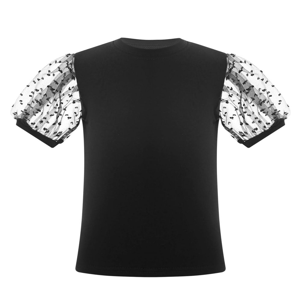 Alvivi Baby Girls Short Puff Dots Sleeve Tee Tops Pure Color Round Neck Ribbed Girls' Tees Travel Picnic Holiday Black 2-3 Years