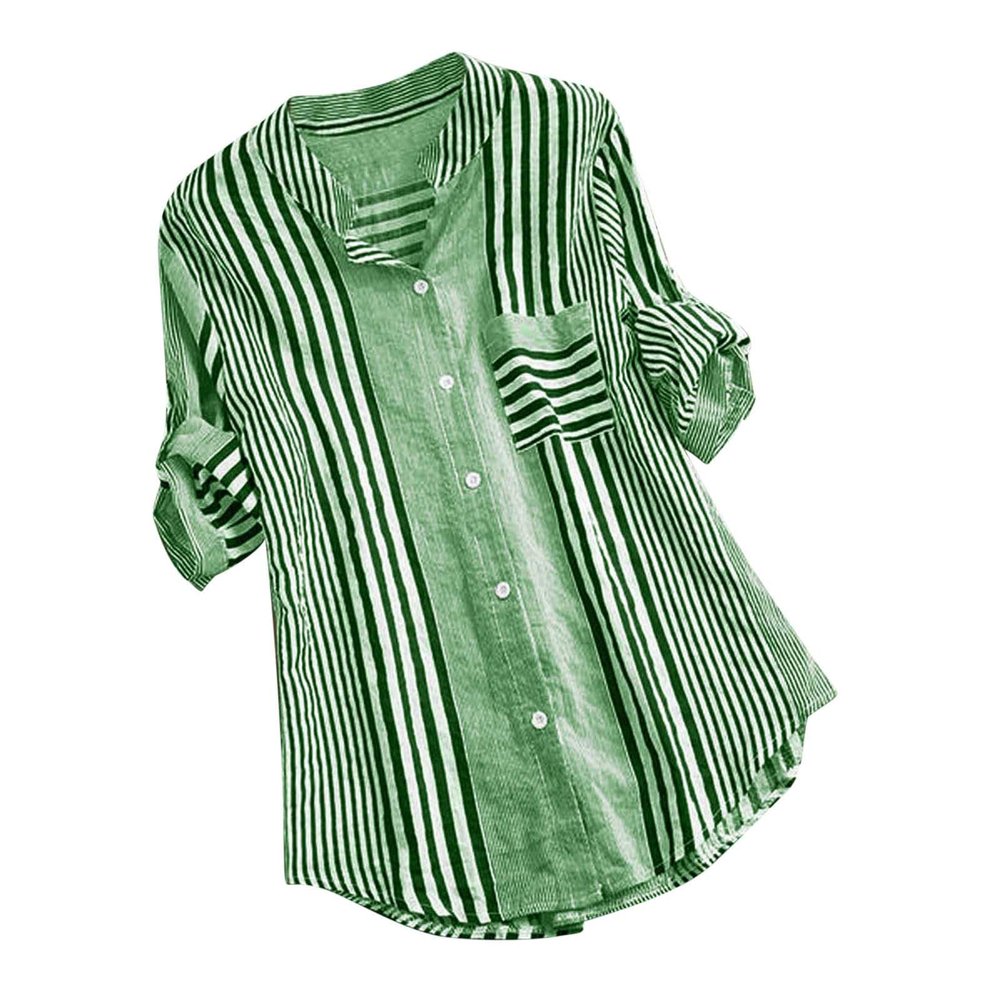 2024 Women's Striped Casual Button Down Shirts Rolled Long Sleeve V Neck Summer Tops Office Work Blouses Pocket