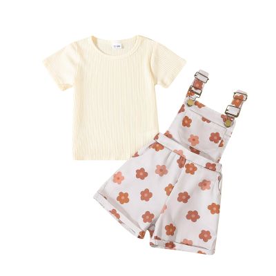 fhutpw Toddler Baby Girls Summer Outfits Daisy Ruffle Short Sleeve T-Shirts Tops Floral Shorts 2Pcs Clothes Set 6M-4T (Ribbed Shirt + Flower Suspender Apricot, 2-3T)