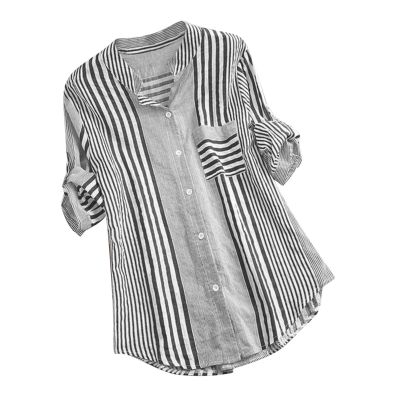2024 Women's Striped Casual Button Down Shirts Rolled Long Sleeve V Neck Summer Tops Office Work Blouses Pocket