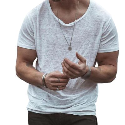 Gsywaipei Men Round Neck Thin Shirts Loose Solid Muscle Classic T-Shirt Crewneck Cotton Male Short Sleeved (Large,White)