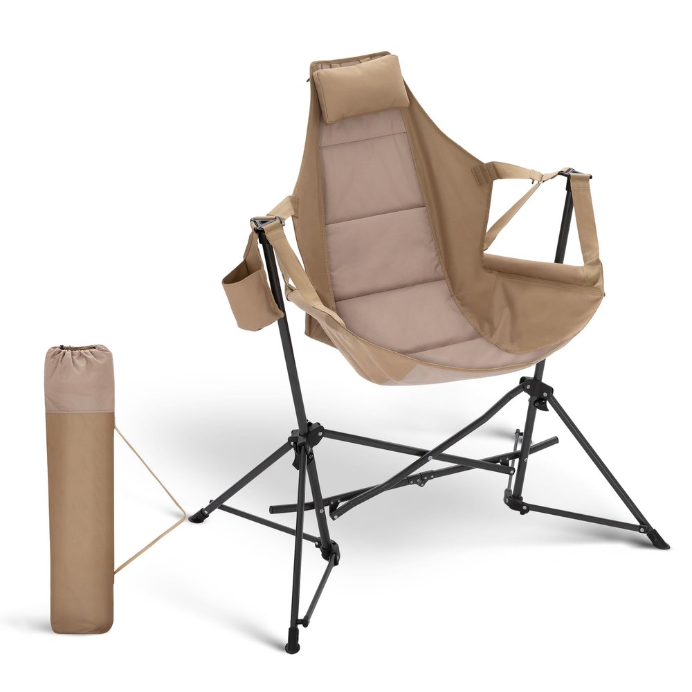 HIGH POINT SPORTS Hammock Camping Chair, Adjustable Back Swinging Chair, Folding Outdoor Rocking Chair, Heavy Duty Portable Camp Chair with Cup Holder and High Back for Adults, Beige