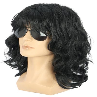 yuehong Long Curly Black 70s 80s Shawl Rocker Wig Mullet Cosplay Wig Heat Resistant Synthetic Fibers Soft Durable Breathable Costume
