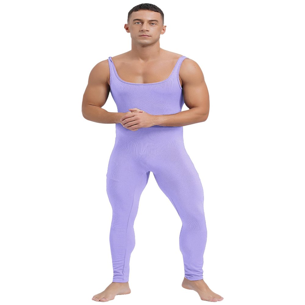FEESHOW Mens Spandex Bodysuit Long Sleeve Unitard Dance Leotard Bodysuit for Sports Costume Lavender X-Large
